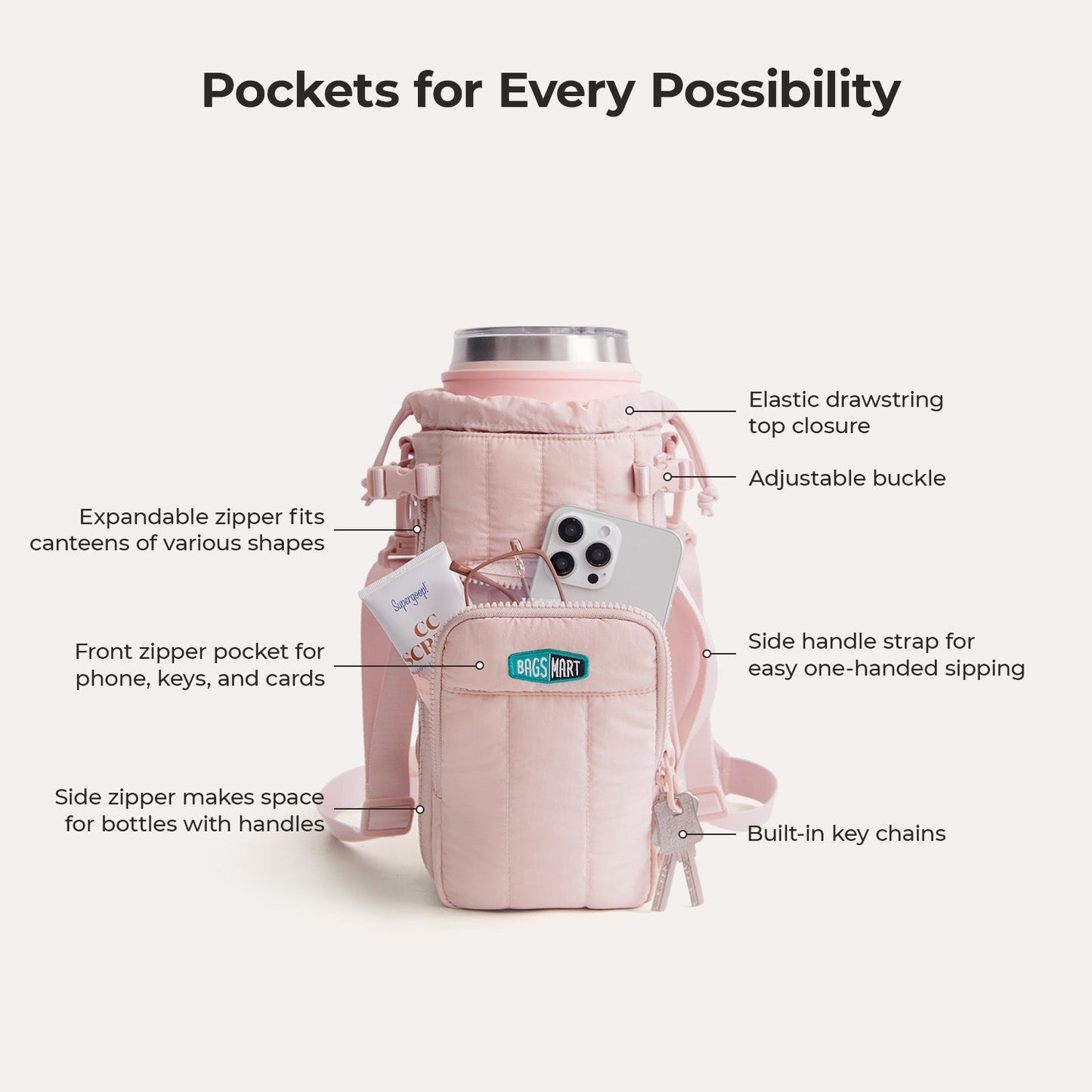 Roze Waterfles Draagtas – Verstelbare Crossbody voor Sport, Reizen & Outdoor