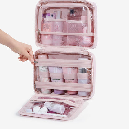 Lichtroze Hangende Toilettas met Gewatteerd Design – Organizer met Transparante Vakken & Haak