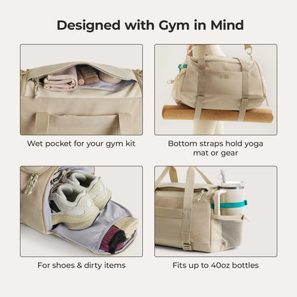 Beige Duffeltas 36L – Waterafstotende Sport- & Reistas met Schoenenvak en Meerdere Vakken voor Gym & Reizen