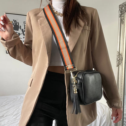 Zwarte Schoudertas Dames Crossbody met Oranje Gestreepte Band – Trendy & Functioneel