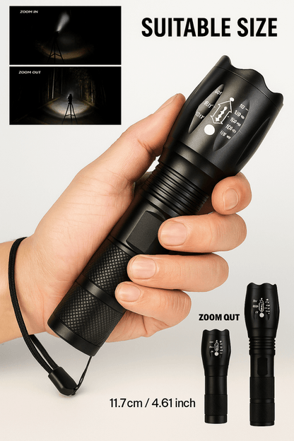 Tactische LED Zaklamp – Superhelder, Zoomfunctie & 5 Lichtmodi – Waterdicht en Compact