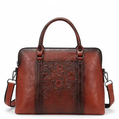 Leren vintage laptoptas dames 14 inch – Elegant met bloemmotief & tijdloze stijl