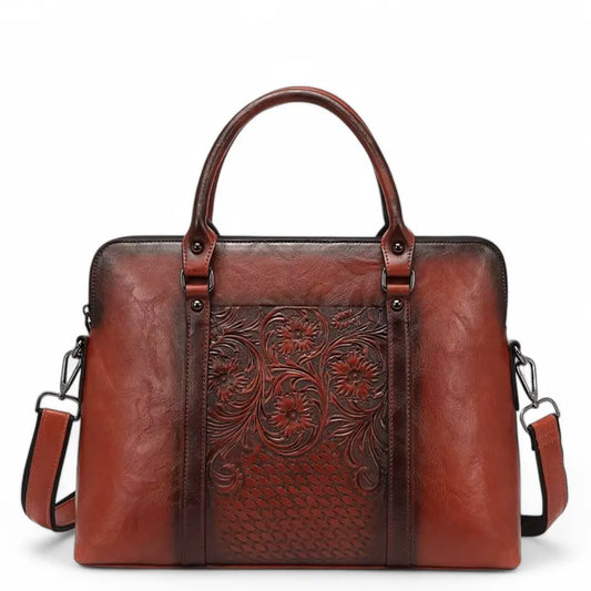 Leren vintage laptoptas dames 14 inch – Elegant met bloemmotief & tijdloze stijl