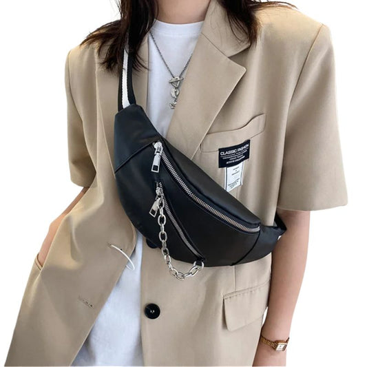 Minimalistische Crossbody Heuptas – Unisex Schoudertas met Ritssluiting & Kettingdetail